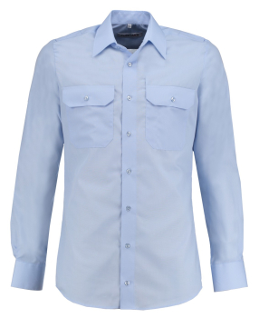 Zu sehen ist das geradlinig geschnittene hellblaue langarm Diensthemd aus 100% Baumwolle.